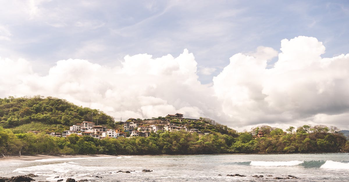 A beach with rocks and houses in the background