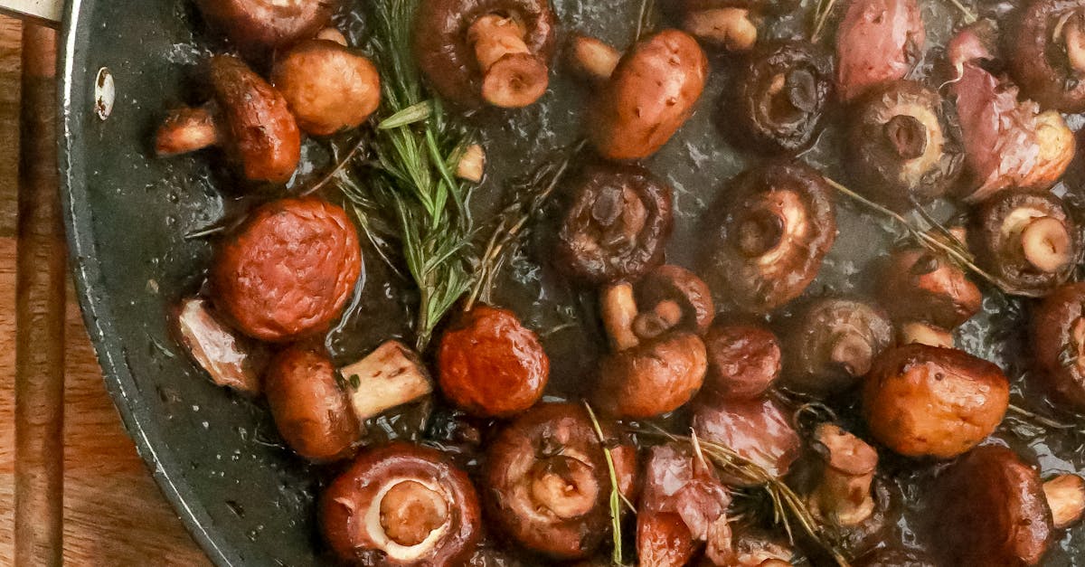 Frying mushrooms with rosemary in pan