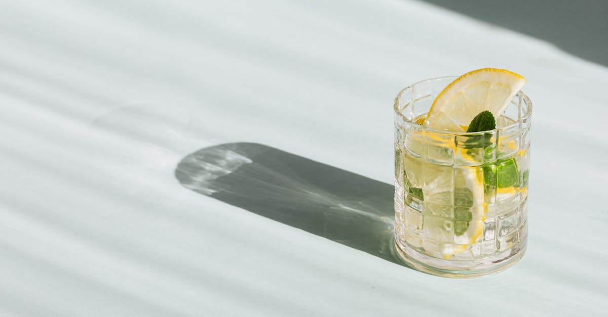 Flat lay of glass of fresh beverage with slices of lemon and leaves of mint placed on white background