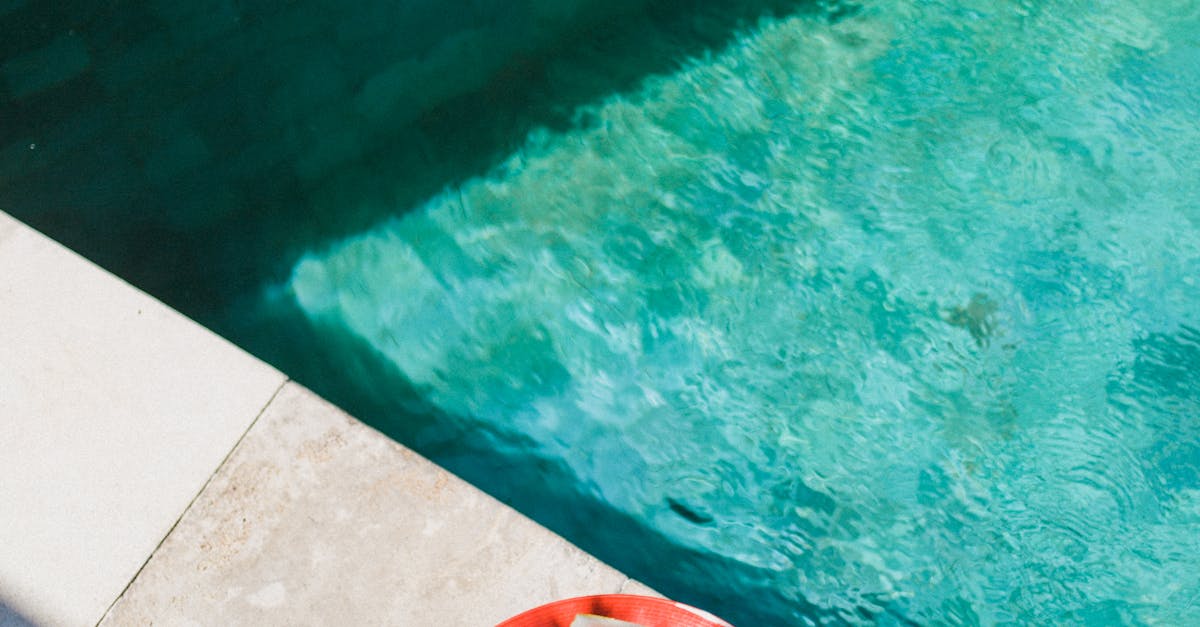 From above of small red slices of watermelon on round plate next to turquoise swimming pool in sunlight